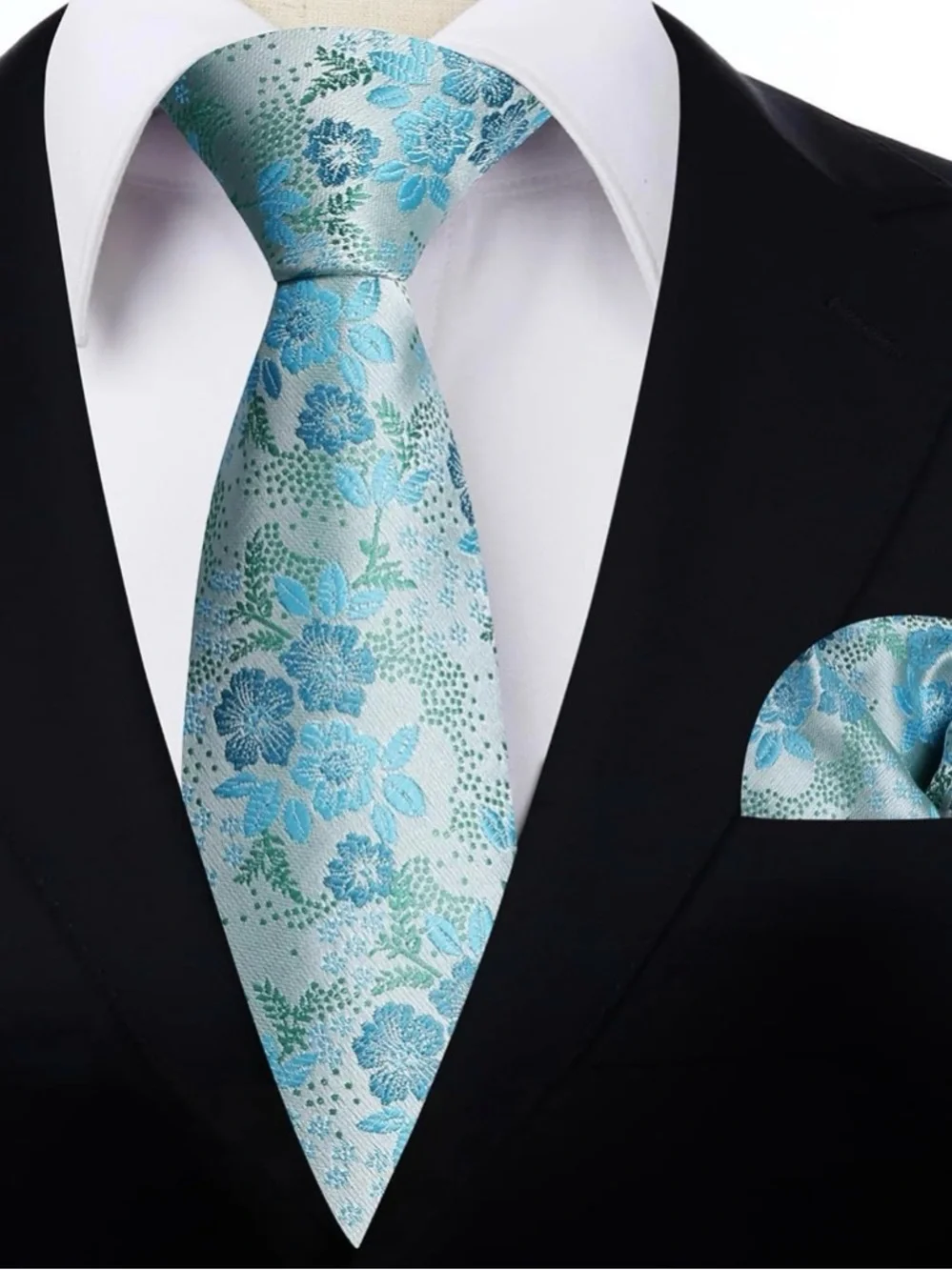 Light Blue Floral Tie and Pocket Square Set - Men Accessories
